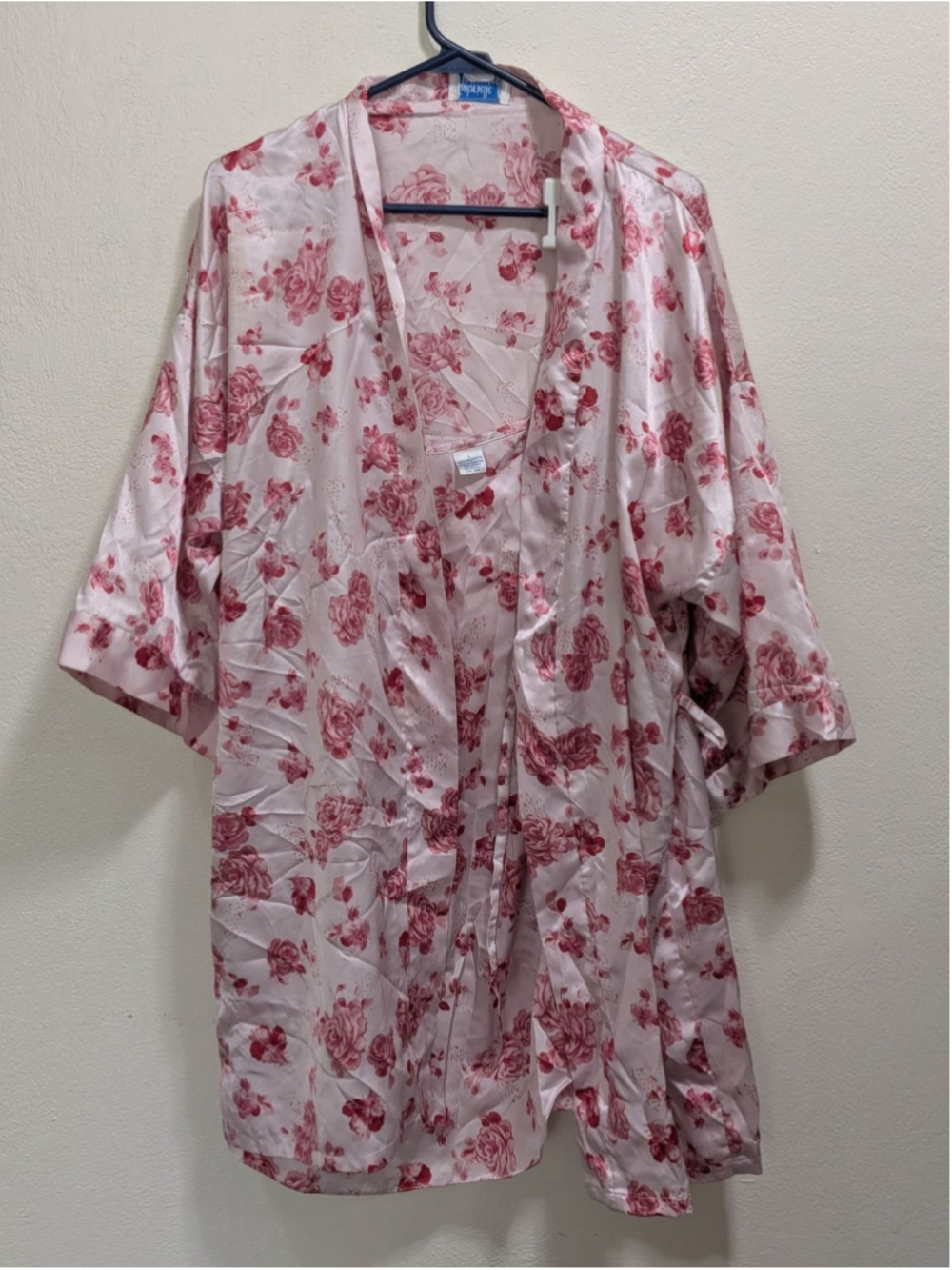 Gabrielle Intimates Satin Kimono Robe Gown Set Womens Size L Pink Rose Floral